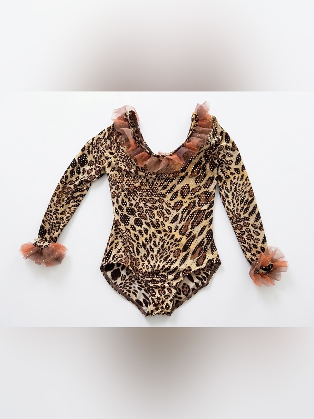 Weissman Girls Medium MC Leopard Print Long Sleeve Dance Leotard Sparkle Ruffle